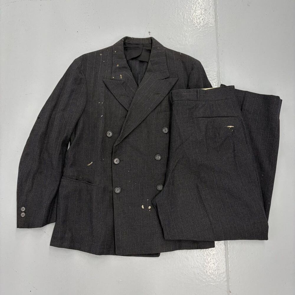Vintage 50s Grey Wool Double Breasted Striped Suit 42R
